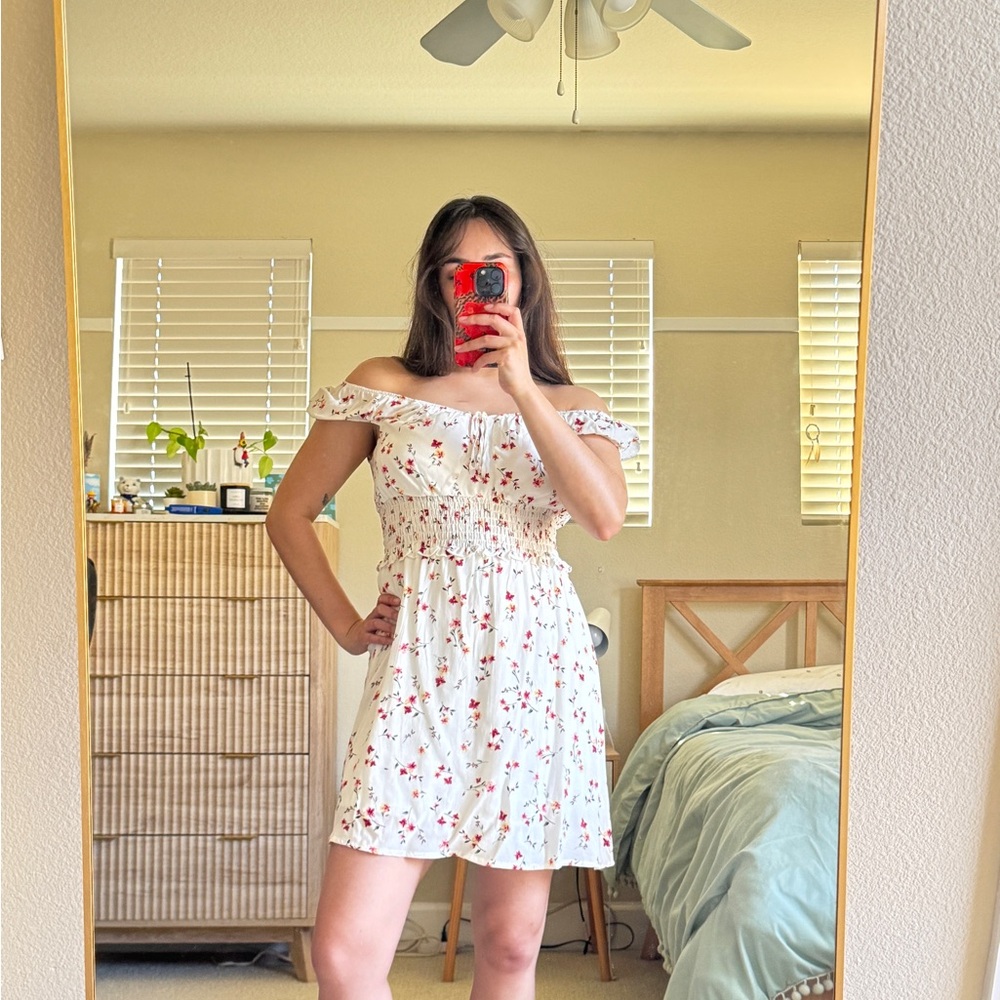 Off-Shoulder White Floral Mini Dress with Red Blossoms